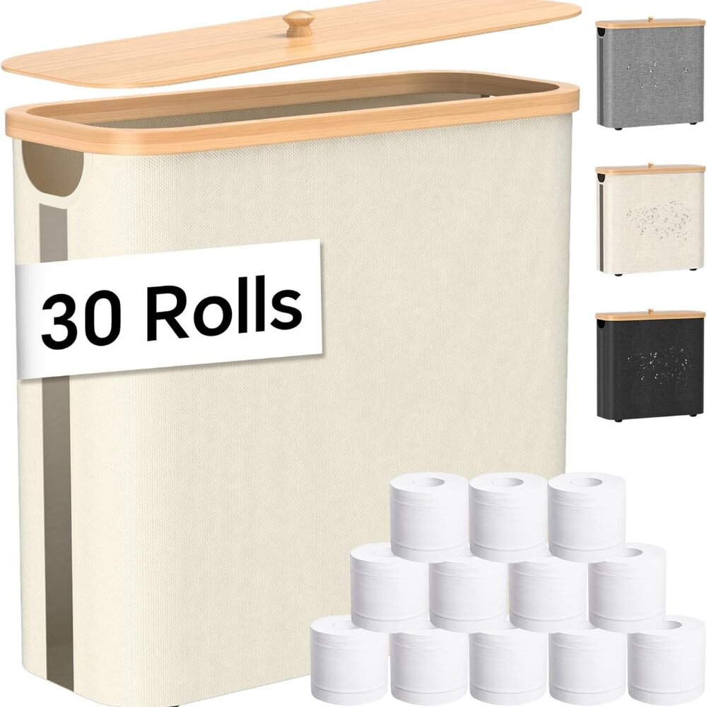 Toilet Paper Storage w/Bamboo Lid, 33.8L Foldable Toilet Paper Basket Organizer